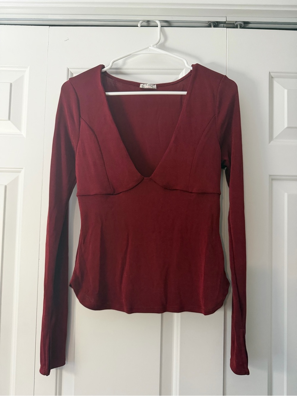 Free People Burgundy Deep V-Neck Long Sleeve Top